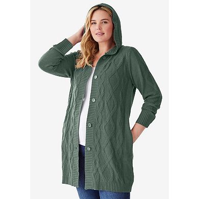 Woman Within Plus Size Cable Cardigan Hoodie Sweater