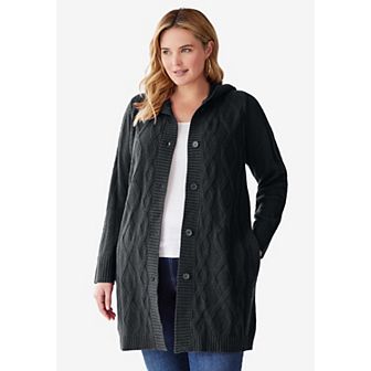 Woman Within Plus Size Cable Cardigan Hoodie