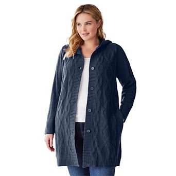 Woman Within Plus Size Cable Cardigan Hoodie