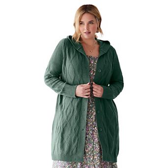 Woman Within Plus Size Cable Cardigan Hoodie