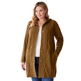 Woman Within Plus Size Cable Cardigan Hoodie