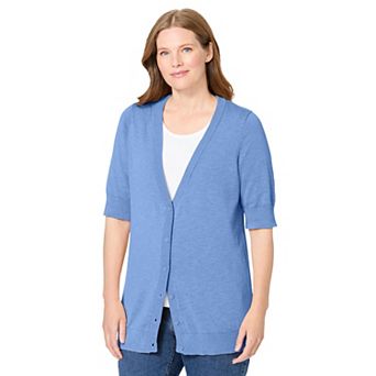 Woman Within Plus Size Lightweight Short Sleeve V-Neck Cardigan Sweater