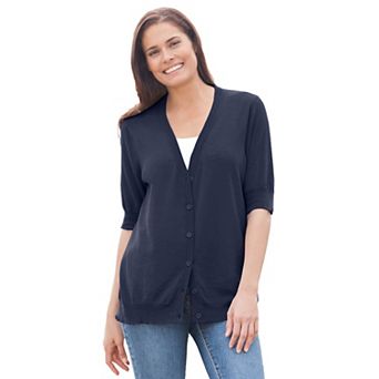 Woman Within Plus Size Lightweight Short Sleeve V-Neck Cardigan