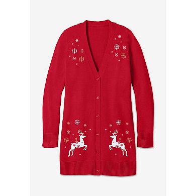 Woman Within Plus Size Holiday Motif Cardigan Sweater