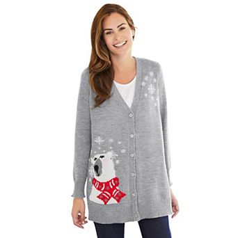 Woman Within Plus Size Holiday Motif Cardigan Sweater
