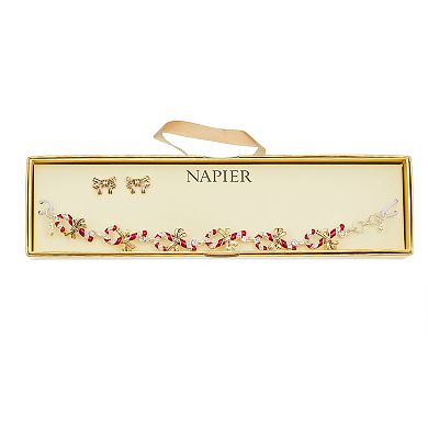 Napier Two Tone Candy Cane & Bows Earring & Bracelet Set
