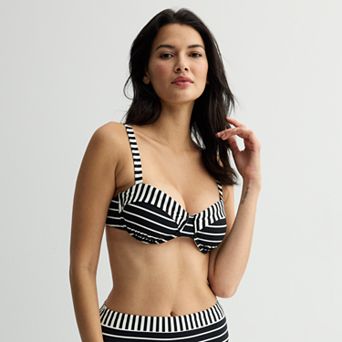 Women's Freshwater Black & White Stripes Underwire Bra Swim Top