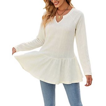 Womens Notch V Neck Ruffle Hem Tunic Long Sleeve Textured Ribbed Knit Henley Shirt Peplum Blouse
