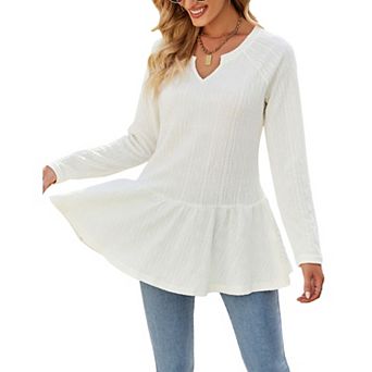 Womens Notch V Neck Ruffle Hem Tunic Long Sleeve Textured Ribbed Knit Henley Shirt Peplum Blouse