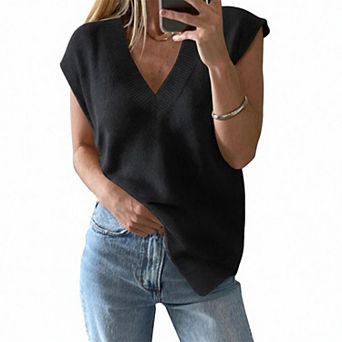 Womens V Neck Vest Trendy Cap Sleeve Sweater Winter Pullover Sleeveless Knit Tops