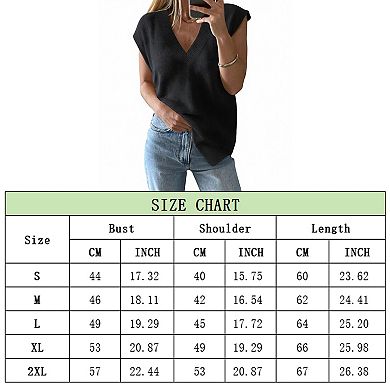 Womens V Neck Vest Trendy Cap Sleeve Sweater Winter Pullover Sleeveless Knit Tops