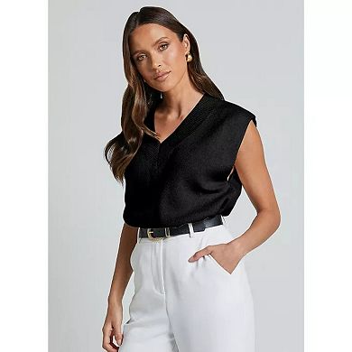 Womens V Neck Vest Trendy Cap Sleeve Sweater Winter Pullover Sleeveless Knit Tops