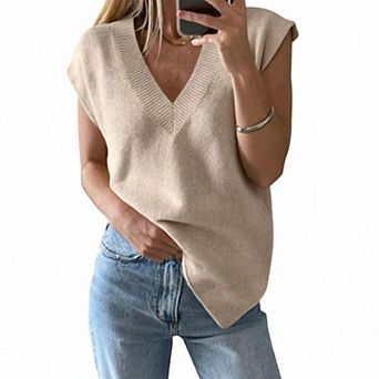 Womens V Neck Vest Trendy Cap Sleeve Sweater Winter Pullover Sleeveless Knit Tops