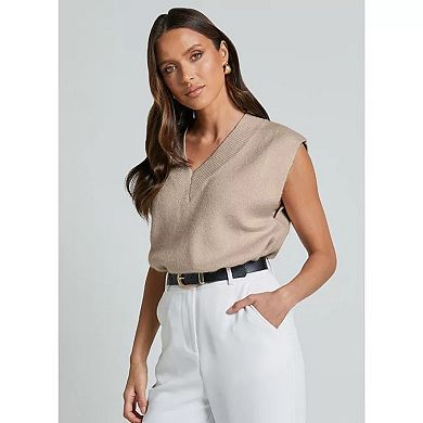 Womens V Neck Vest Trendy Cap Sleeve Sweater Winter Pullover Sleeveless Knit Tops