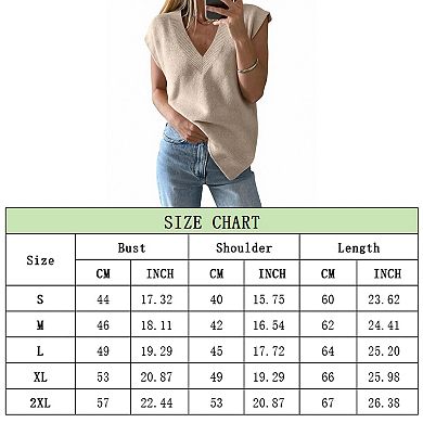 Womens V Neck Vest Trendy Cap Sleeve Sweater Winter Pullover Sleeveless Knit Tops