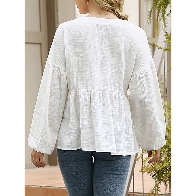 Womens V Neck Babydoll Shirt Puff Long Sleeve Ruffle Hem Plus Size Tops Button Swing Cotton Blouse