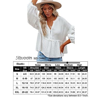 Womens V Neck Babydoll Shirt Puff Long Sleeve Ruffle Hem Plus Size Tops Button Swing Cotton Blouse