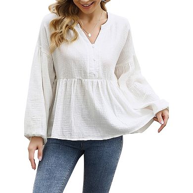 Womens V Neck Babydoll Shirt Puff Long Sleeve Ruffle Hem Plus Size Tops Button Swing Cotton Blouse