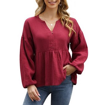 Womens V Neck Babydoll Shirt Puff Long Sleeve Ruffle Hem Plus Size Tops Button Swing Cotton Blouse