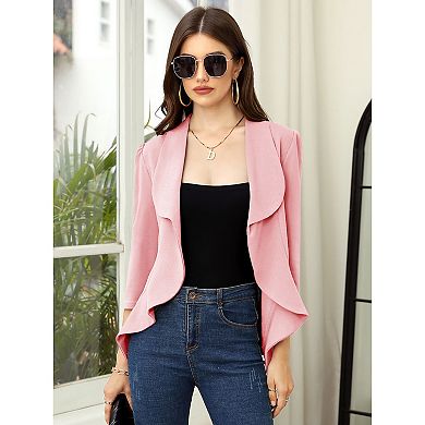 Women's Business Blazer 3/4 Sleeve Dressy Open Front Work Office Cardigan Cropped Suit Jacket