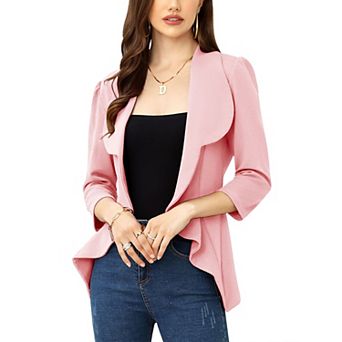 Women's Business Blazer 3/4 Sleeve Dressy Open Front Work Office Cardigan Cropped Suit Jacket