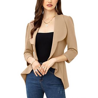 Women's Business Blazer 3/4 Sleeve Dressy Open Front Work Office Cardigan Cropped Suit Jacket