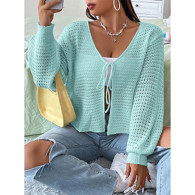 Women's Plus Size Cardigan Hollow Out Open Knit Sweater Ladies Fall Front Tie Shrug