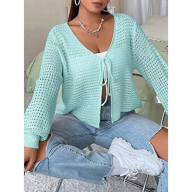 Women's Plus Size Cardigan Hollow Out Open Knit Sweater Ladies Fall Front Tie Shrug