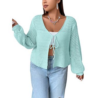 Women's Plus Size Cardigan Hollow Out Open Knit Sweater Ladies Fall Front Tie Shrug