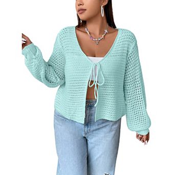Women's Plus Size Cardigan Hollow Out Open Knit Sweater Ladies Fall Front Tie Shrug