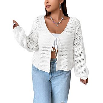 Women's Plus Size Cardigan Hollow Out Open Knit Sweater Ladies Fall Front Tie Shrug