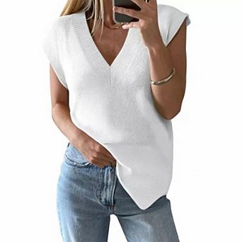 Womens V Neck Vest Trendy Cap Sleeve Sweater Winter Pullover Sleeveless Knit Tops