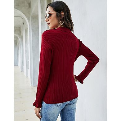 Womens V Neck Long Sleeve Polo Sweaters Fall Knit Pullover Jumper Tops Ruffle Casual Knitwear