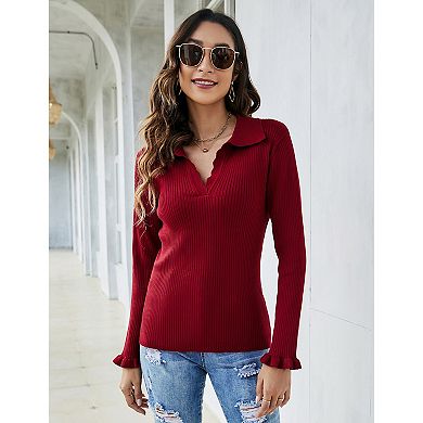 Womens V Neck Long Sleeve Polo Sweaters Fall Knit Pullover Jumper Tops Ruffle Casual Knitwear