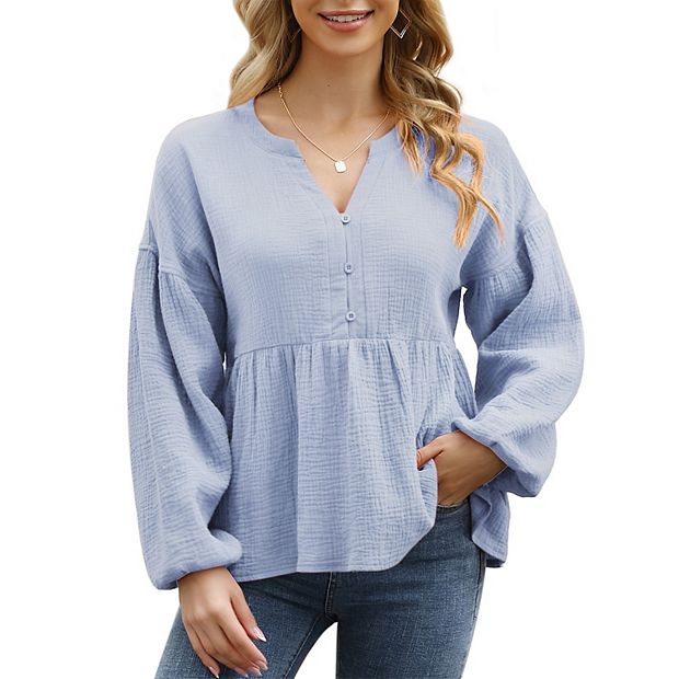 Kojooin Peplum Tops for Women Ruffled Henley Neck Shirt Long Sleeve Flowy Blouse T Shirt Light Blue M
