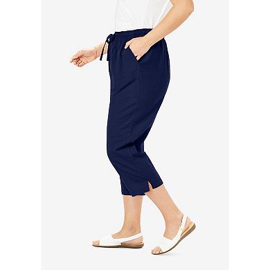 Woman Within Plus Size Seersucker Pull-On Elastic-Waist Capri Pants