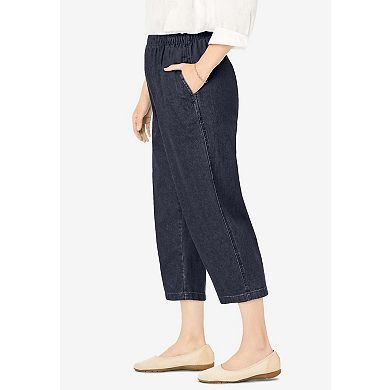 Woman Within Plus Size Petite 7-Day Elastic-Waist Pull-On Cotton Denim Capri Jeans
