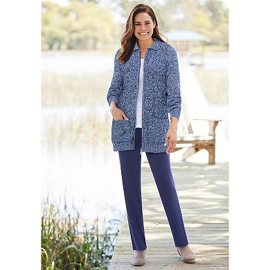 Woman Within Plus Size Marled Zip-Front Cable Knit Cardigan Sweater