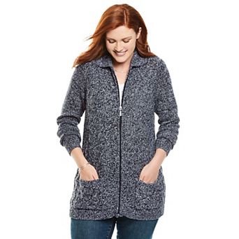 Woman Within Plus Size Marled Zip-Front Cable Knit Cardigan