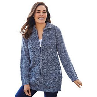 Woman Within Plus Size Marled Zip-Front Cable Knit Cardigan