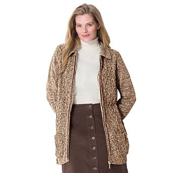 Woman Within Plus Size Marled Zip-Front Cable Knit Cardigan