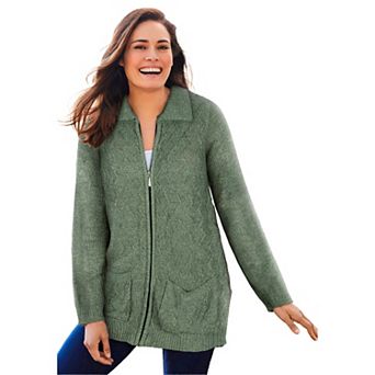 Woman Within Plus Size Marled Zip-Front Cable Knit Cardigan