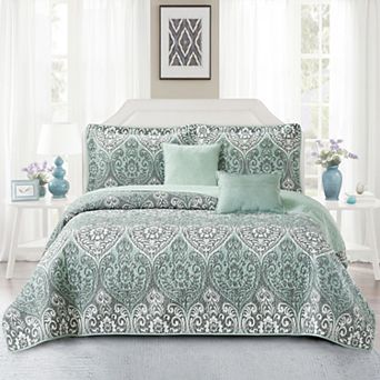 Serenta Kingston Damask Print 5 pc Quilt Set with Throw Pillows