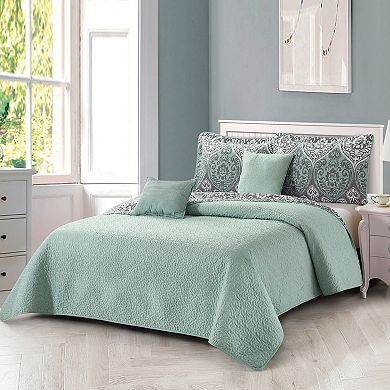 Serenta Kingston Damask Print 5-Piece Quilt Set with Throw Pillows