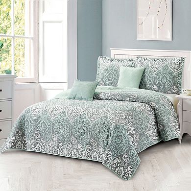 Serenta Kingston Damask Print 5-Piece Quilt Set with Throw Pillows