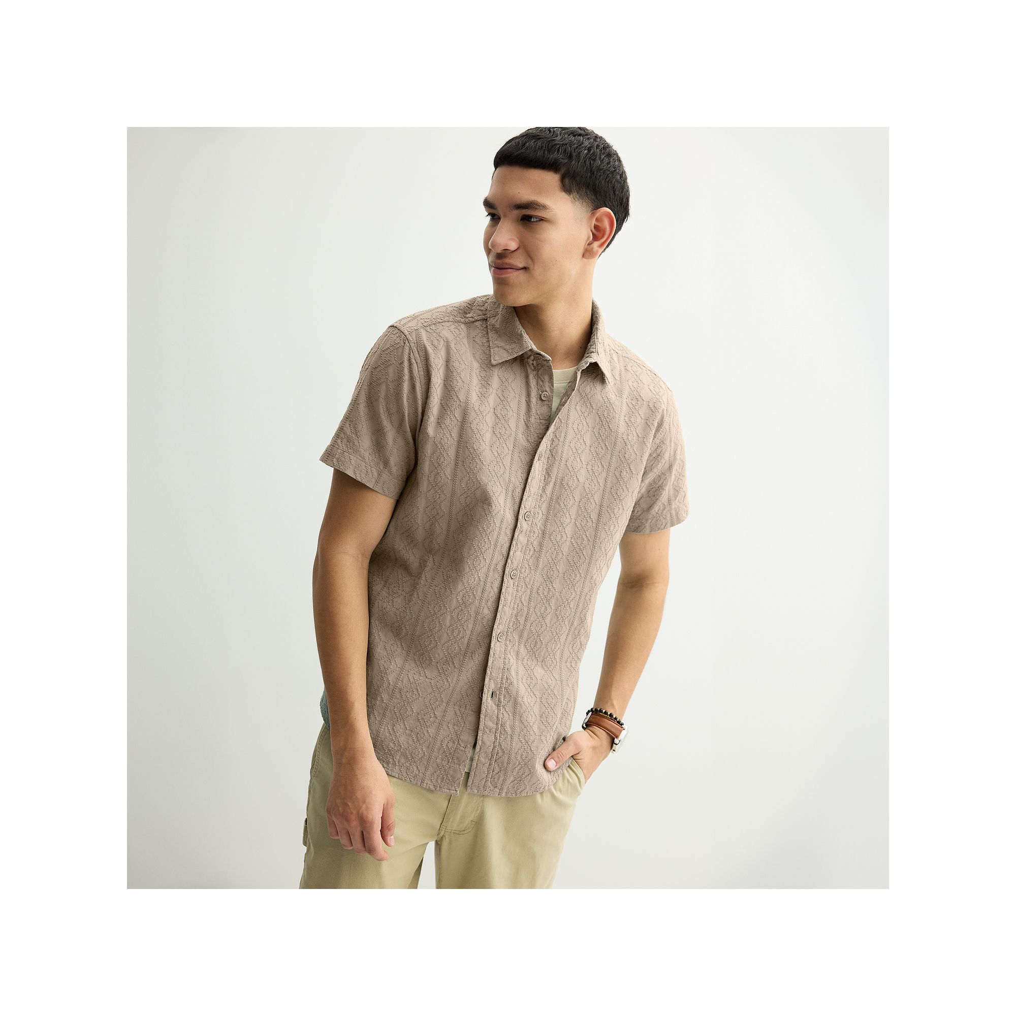 Mens Apt. 9® Short Sleeve Embroidered Button-Down Shirt, Size: Small, Bei