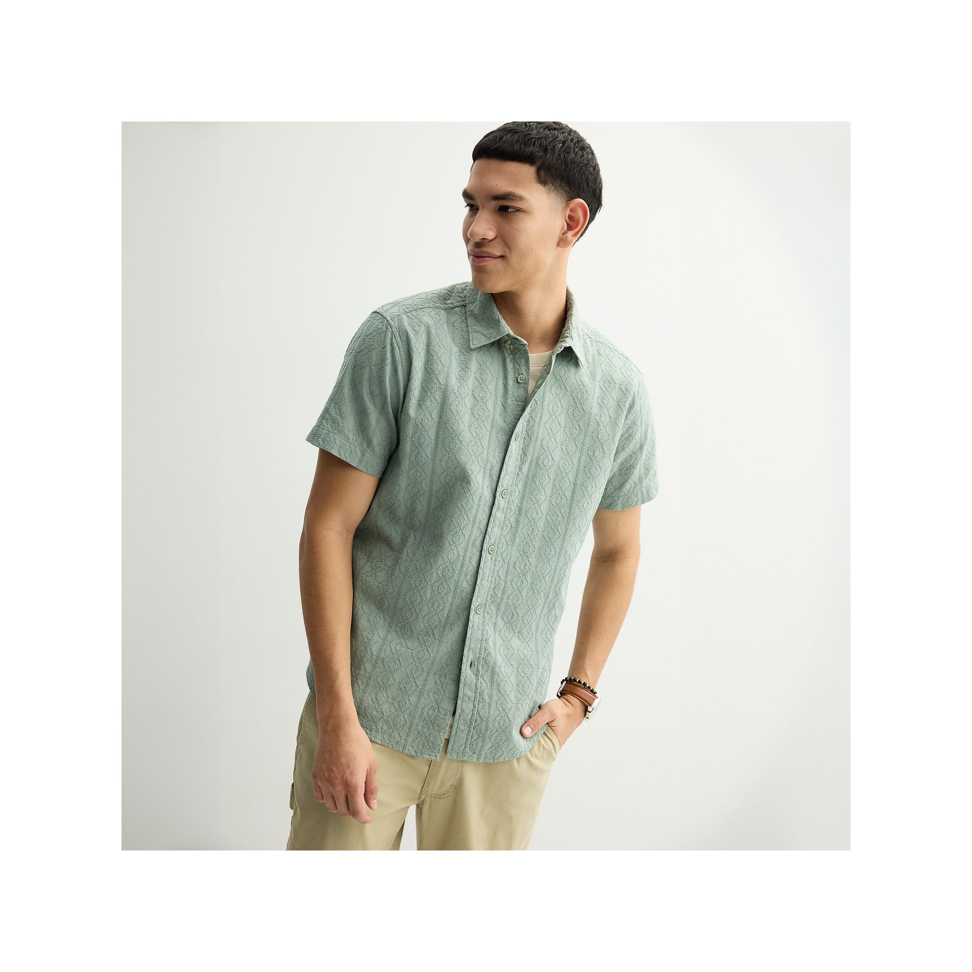 Mens Apt. 9® Short Sleeve Embroidered Button-Down Shirt, Size: Small, Gre