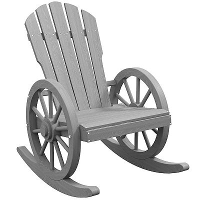 Rustic Wood Adirondack Rocking Patio Chair W Slatted Design Wheel Armrests