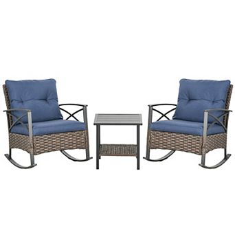 3 pc Outdoor Rocking Chair Set W/ Cushions, Wicker Bistro Set, Dark Blue