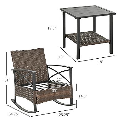 Outsunny 3pc Rocking Chair Set w/ Cushions, Wicker Bistro Set